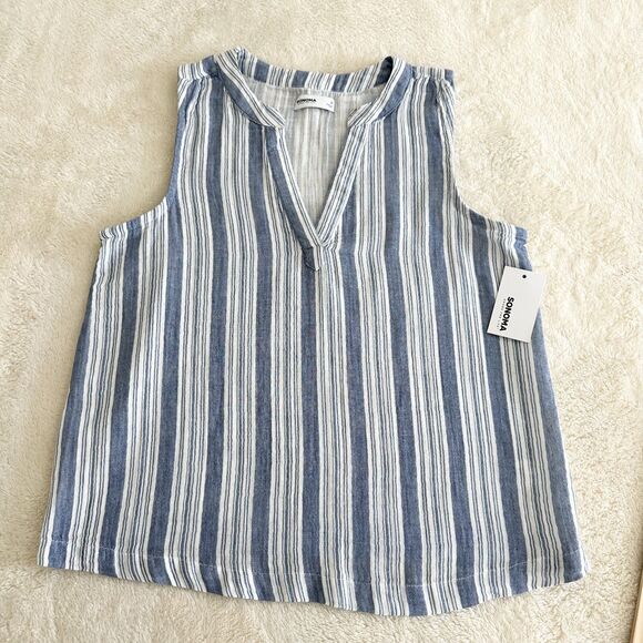 NWT Sonoma Sleeveless Top Size S Blue White Stripe Tank Top 100% Cotton - Picture 4 of 10